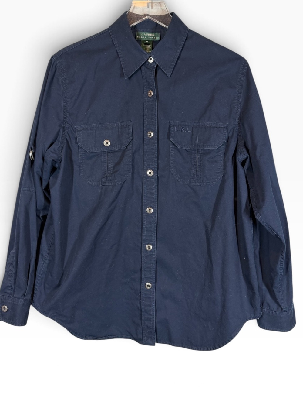 LAUREN RALPH LAUREN Men's Medium Navy Blue Button Down Shirt Military Inspired